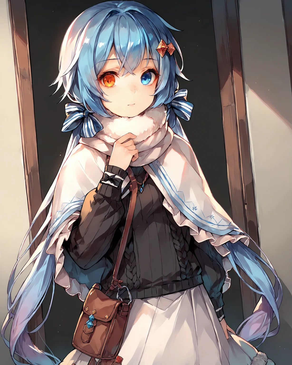 score_9, score_8_up, score_7_up, score_6_up, score_5_up, score_4_up, <lora:spp-1:0.9>, 1girl, solo, spp1, blue hair, low twintails, long hair, gradient hair, blue eyes, heterochromia, orange eyes, hair ribbons, diamond hair ornament, white shawl, black sweater, white skirt, frills, ribbons, frill cuffs, fur trim, fur boots, hip pouch, bust shot,