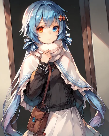 score_9, score_8_up, score_7_up, score_6_up, score_5_up, score_4_up, <lora:spp-1:0.9>, 1girl, solo, spp1, blue hair, low twintails, long hair, gradient hair, blue eyes, heterochromia, orange eyes, hair ribbons, diamond hair ornament, white shawl, black sweater, white skirt, frills, ribbons, frill cuffs, fur trim, fur boots, hip pouch, bust shot,