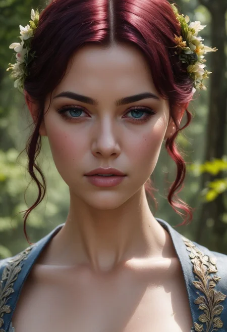 beautiful fragile Forest fairy covered in flowers, moss and leaves, dark forest, red hair, tender pretty face, dark fantasy, full body, athletic figure, realistic fairy wings, beautiful blue eyes, colorful flowers, 8k, wet and sweaty body, 8k, ultra realistic, hyper realistic, highly detailed, curves, beautiful perfect close-up pupils, daylight, fantasy style, high contrast, colorful polychromatic, beautiful firm Breasts, defiant and seductive, wet oily shiny skin, ultra detailed, (Intricately Designed dirty face: 1.3), Cinematic clorful lighting, realistic body and face, Photograph Taken on Nikon D750, Intricate, Elegant, Digital Illustration, Scenic, Hyper-Realistic, Unreal Engine, CryEngine, Octane Render, Artgerm, WLOP, Greg Rutkowski, 8k ultra high resolution concept art, hyper-defined, sharp focus, echoing, (hyperdetailed body and face: 1.3), Atrractive, Atrractive 21 years old woman, attractive bust girl