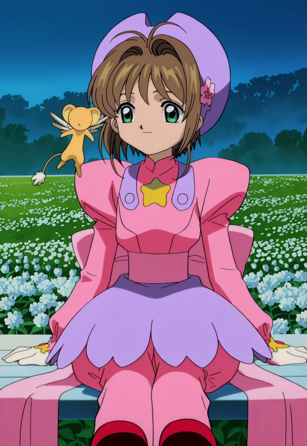 on-model, accurate art style, anime screencap, anime coloring, show accurate, cartoon screencap, movie accurate, official screencap, style parody, flat colors, official art, proper proportions, extremely detailed, newest, 2024, BREAK, 1girl, CCS_Sakura, kinomoto sakura, brown hair, short hair, bangs, antenna hair, hair intakes, green eyes, cherry blossom costume, purple hat, pink shirt with large puffy sleeves, white gloves, flower skirt, purple skirt, large bow, pink bow, back bow, pink pants, red shoes, sitting down, relaxing, smiling, looking at side, 1other, kero, floating, BREAK, detailed background, outdoors, zen garden, nighttime, BREAK, POV, cowboy shot, BREAK, vibrant colors, cinematic lighting, 75% soft lighting, 25% dark lighting, cardcaptor sakura movie 1