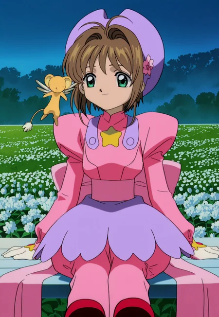 on-model, accurate art style, anime screencap, anime coloring, show accurate, cartoon screencap, movie accurate, official screencap, style parody, flat colors, official art, proper proportions, extremely detailed, newest, 2024, BREAK, 1girl, CCS_Sakura, kinomoto sakura, brown hair, short hair, bangs, antenna hair, hair intakes, green eyes, cherry blossom costume, purple hat, pink shirt with large puffy sleeves, white gloves, flower skirt, purple skirt, large bow, pink bow, back bow, pink pants, red shoes, sitting down, relaxing, smiling, looking at side, 1other, kero, floating, BREAK, detailed background, outdoors, zen garden, nighttime, BREAK, POV, cowboy shot, BREAK, vibrant colors, cinematic lighting, 75% soft lighting, 25% dark lighting, cardcaptor sakura movie 1