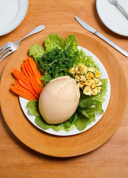 the xenoegg meal, wooden table, plate, vegetables, salad, fancy, cutlery
<lora:Xenomorph_Egg_SDXL:1> xenoegg