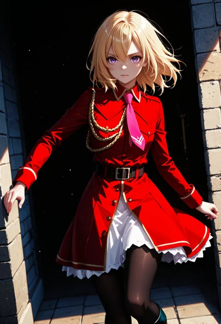 <lora:Jill Savelle:0.9>, CDE_JE,purple eyes,medium hair,blonde hair,hair between eyes, black pantyhose,pink necktie,red dress,cross-laced footwear,belt,military uniform,
general, dutch angle, from front,, dynamic pose,
masterpiece, best quality, absurdres, highres, very aesthetic, high quality, detailed, insanely detailed, beautiful, high saturation, high contrast,
(photo background:0.3), depth of field,
<lora:noobai_vpred_1_masterpieces_v1:1>, very awa,
<lora:noob1.1-lineart_adjust1-mki:-0.5>,
<lora:IllustriousTweakerLora_v4-detail_1457119:0.8>, <lora:LECO_StickClotch:1.5>, <lora:LECO_Particles:1>,