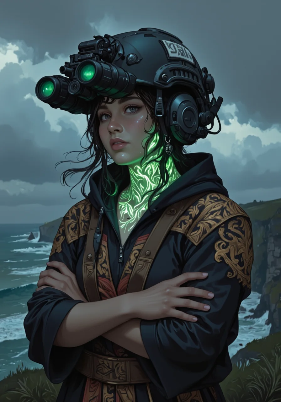 detailed digital art of upper body shot of young woman wearing n0ds on head attached to the front of the high tech military helmet dual-tube horizontally aligned cylindrical lenses attached to the front , A woman in a traditional Maori cloak, standing on the edge of a cliff overlooking the ocean. She wears a modern military helmet with a matte black finish, the surface adorned with intricate tribal patterns. The helmet is equipped with two night vision goggles—long black tubes with glowing green lenses—that sit above her eyeline, ready to be flipped down. The helmet’s communication device is seamlessly integrated, with small, discreet wires that blend with the helmet’s design. She stands with her arms crossed, the wind whipping her cloak around her. The ocean below crashes against the cliffs, the sound of the waves mixing with the howling wind. The green glow from the goggles contrasts with the dark, stormy sky, adding a touch of mystery to the scene. Her expression is one of fierce determination, as if she is preparing for a battle that will take place on both land and sea., at night, luminescent green bio ink designs on her exposed skin on her neck and arms, (bio ink:0.85)<lora:n0ds_epoch_23.safetensors:1.0:1.0> <lora:BioInk2FLUX.safetensors:0.85:0.85>