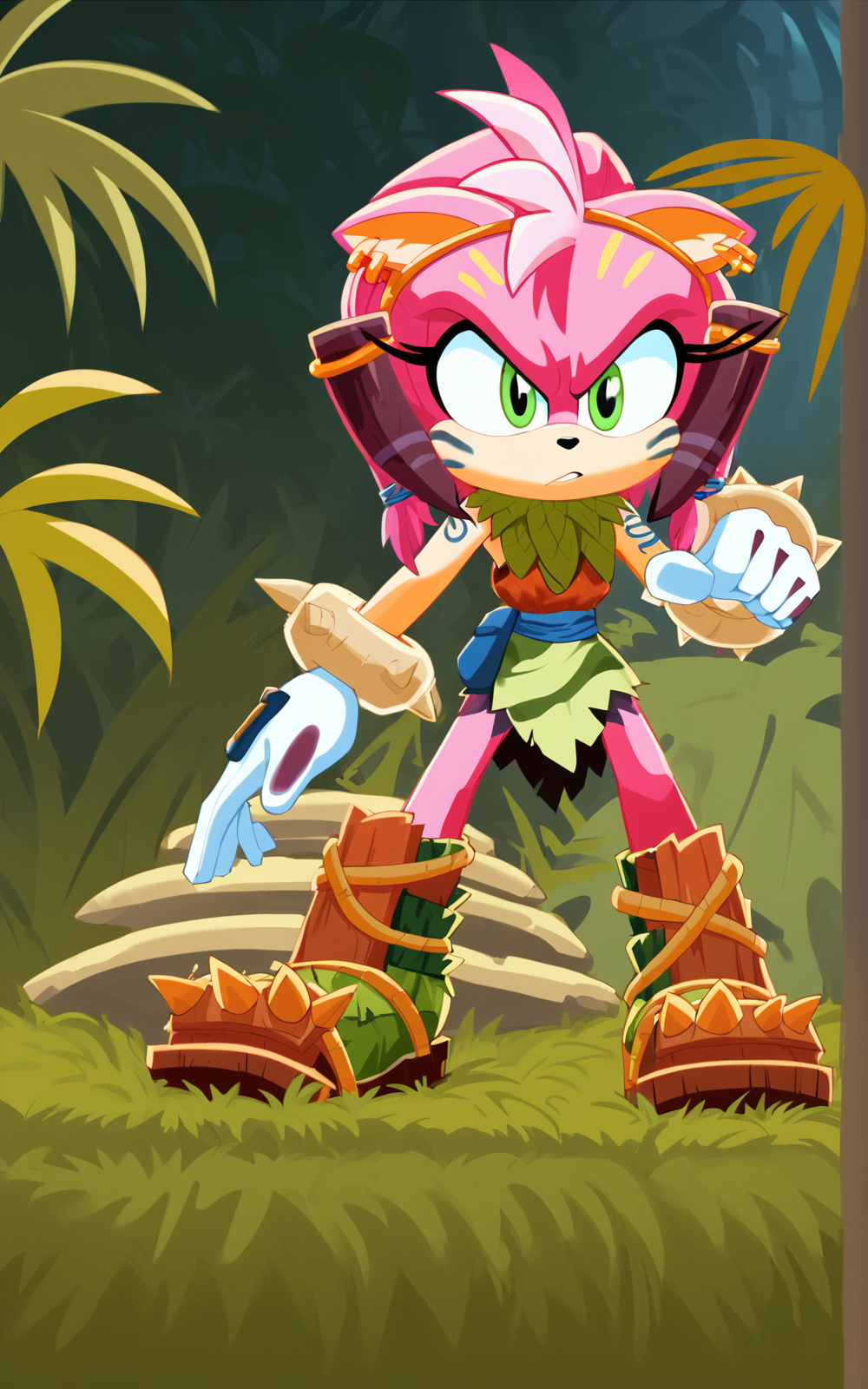score_9, score_8_up, score_7_up,((best quality)), absurdres, ((full body)), <lora:BolivanteStyle:0.8>,  <lora:TRPXL:0.8>,TRPXL,sleeveless, green eyes, boots, tattoo, knee boots, arm tattoo, tribal, leaf, green dress, bracelet, gloves,animal ears,pink hair, earrings,white gloves,furry, furry female, action pose, jungle, angry