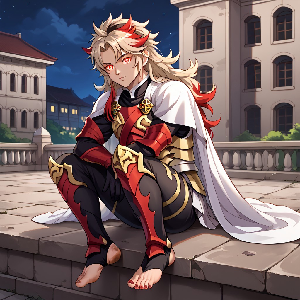 masterpiece, best quality, sharp aliasing, highly detailed, 1male, male body, male,EPfeCorrin, white cape with flames, armour, black gloves, black pants, wearing pants, outdoors, stone tiled ground, buildings, night, barefoot, toeless legwear, armoured legwear, shin armour, leg armour, leg and shin amour, stirrup legwear, black stirrups, 5 toes, Quality, High Definition, Full body view, solo, rengoku kyojuro, forked eyebrowns, long hair, two-tone hair, multicolored hair, red eyes, sword, red toenails, dirty feet, glowing eyes, sitting, side view, sitting on ledge