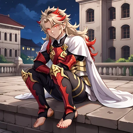 masterpiece, best quality, sharp aliasing, highly detailed, 1male, male body, male,EPfeCorrin, white cape with flames, armour, black gloves, black pants, wearing pants, outdoors, stone tiled ground, buildings, night, barefoot, toeless legwear, armoured legwear, shin armour, leg armour, leg and shin amour, stirrup legwear, black stirrups, 5 toes, Quality, High Definition, Full body view, solo, rengoku kyojuro, forked eyebrowns, long hair, two-tone hair, multicolored hair, red eyes, sword, red toenails, dirty feet, glowing eyes, sitting, side view, sitting on ledge