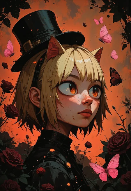 A close-up, highly detailed digital painting of ((Neco Arc))amongst black roses. its head is slightly tilted to the left, gazing directly at the viewer with large, expressive teal eyes. it wears a tiny black tophat on its head.A single pink butterfly is on its nose, The butterflies surrounding her are monarch butterflies with pink bodies featuring intricate red and yellow patterns on their wings. They appear to be interacting gently with the cat, some suspended in flight around her. The background features a warm, golden-red gradient, softly lit to create a dreamy, ethereal atmosphere. The lighting is soft and diffused, casting the cats shadow,creating gentle shadows that add depth and dimension to the portrait. The overall composition is balanced and centered, focusing on the intimate interaction between the cat and the butterflies. The serene expression and the whimsical presence of the butterflies contribute to a magical and tranquil mood,an image of Neco Arc, a chibi with short, messy, light tan hair. She has large, red eyes and cat ears, ((an image of Neco Arc, a chibi with short, messy, light tan hair. She has large, red eyes and cat ears))