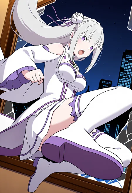 masterpiece, best quality, high resolution, source_anime, highly detailed illustration, detailed eyes,
very aesthetic, absurdres, newest, amazing quality,
1girl, solo, re:zero kara hajimeru isekai seikatsu, anime screencap, anime coloring,
<lora:shiEmiliaV12ill:1> shimilia, long hair, grey hair, purple eyes, pointy ears, crown braid, hair flower, hair ribbon, purple ribbon, x hair ornament, white dress, cleavage, bare shoulders, wide sleeves, white thighhighs, thigh boots,
looking at viewer,
<lora:shiJumpingWindowV1ill:1>, shijumpwindow, breaking through window, broken glass, jumping, window, open window,
closed mouth, full body,
:o, city, falling, shoe soles, skyscraper, sky, glass, floating hair,
kicking, fighting stance, battle, shouting, open mouth, night, night sky, ice,