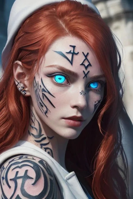 bright red hair, human female, (feminine:1.7), (beautiful face, detailed face:1.6), (beautiful eyes, detailed eyes:1.7), (looking at viewer, eye contact, intense:1.6), (long hair, red hair, curly hair:1.3), , ((masterpiece, best quality, high resolution, realistic, best quality,)), photo realistic, Perfect Face, (detailed face). <lora:GoodHands-vanilla:0.6> <lora:add-detail-xl:0.8>, mage, (Dress White military uniform coat), dagger, rune dagger, glowing runes, , (((glowing magic symbols tattoos, religious tattoos))), ((face tattoos)), glowing tattoos, stone tower in the background