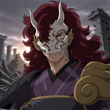 Masterpiece, best quality, high quality, detailed, 1boy, solo, male focus, Kirinmaru, mature male, tall male, long hair, bulbous hair, pubic hair, hair over one eye, red hair, green eyes, scales on right cheek, scales on forehead, blue markings on left cheek, greyish-purple nails, sharp nails, japanese clothes, long sleeved top, purple and lavender top, black undershirt, reddish pants, black gold trimmed armor, black gauntlets, black boots, mask, portrait, ruins, sunrise