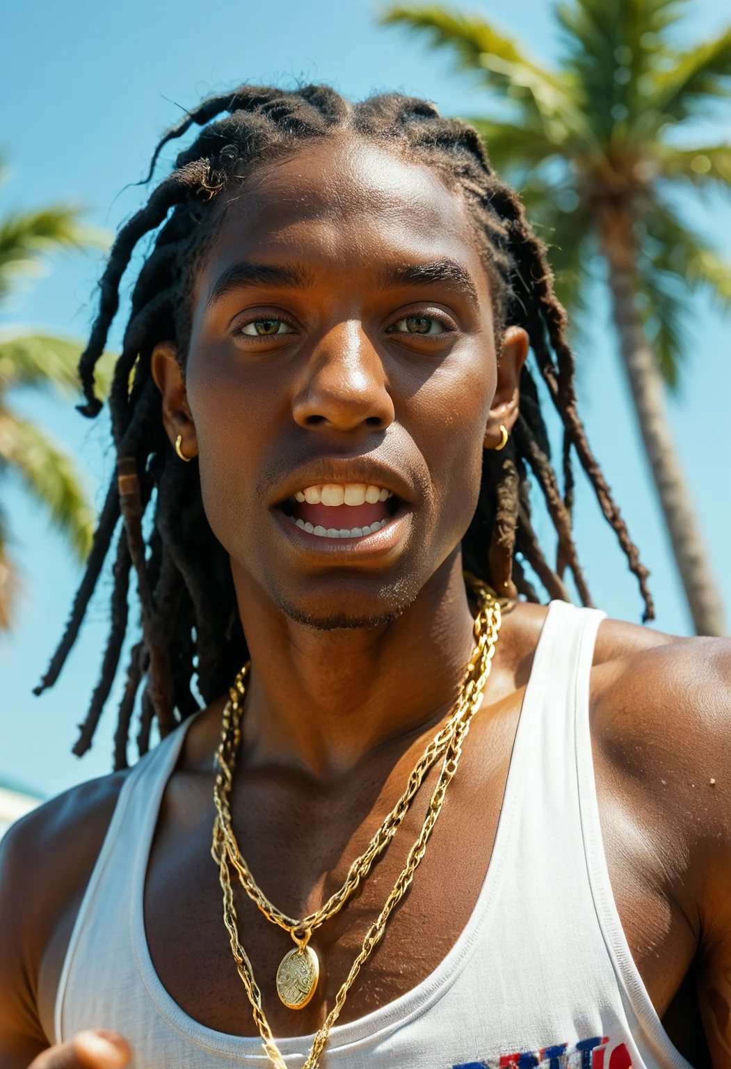 score_9, score_8_up, score_7_up, man, male, african american, close-up, teeth focus, exposing teeth with finger, dreadlocks, gold chain, tank top, hip hop, palm tree, grillz, dynamic angle, solo, highly detailed, film grain, 8k