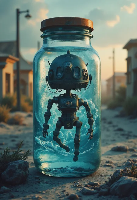 Jedhydipa, Digital painting of a witchpunk robot submerged inside a clear bottle of water in a desert street, intricate mechanical features blending with magical elements like glowing runes and ethereal mist, photorealistic reflections and refractions through the glass and liquid, cinematic lighting casting dramatic highlights and shadows, a surreal fusion of technology and mysticism, atmospheric and detailed.