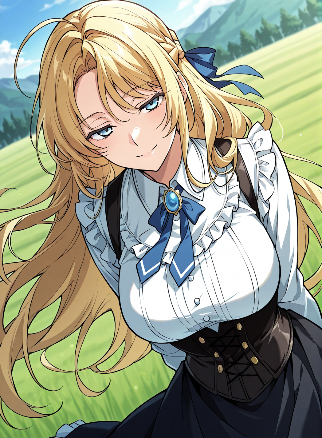 <lora:Kiri_Frodmain Illustrious:1>
1 girl, solo, blue eyes, blonde hair, long hair, loose hair, french braid, bangs, large breasts
black skirt, white shirt, ahoge, blue ribbon, long sleeves, hair ribbon, brooch, jewelry, corset, high-waist skirt, blue necktie, collared shirt, frills
score_9, score_8_up, score_7_up, very aesthetic, source_anime, detailed, high quality, beautiful, masterpiece, detailed eyes, field, blurry background, pose dynamic angle, upper body, cowboy shot, light smile, floating hair, half-closed eyes, hands behind back, leaning forward, looking forward, looking at viewer