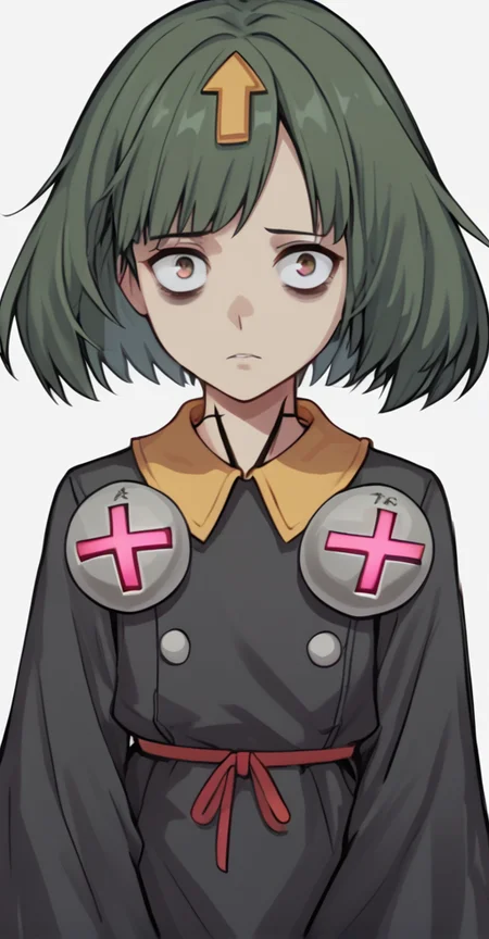 score_9, 1girl, solo, fully body, short hair, bob cut, bangs, green hair, looking at viewer, bags under eyes, pantyhose, dress, upper body, simple background, <lora:Delilah_guilty_gear:1>