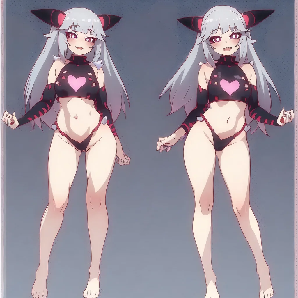 manyakis art style, a masterpiece cartoon of a girl posing, masterpiece, best quality, studio quality, full body, silver hair, heart pupils,