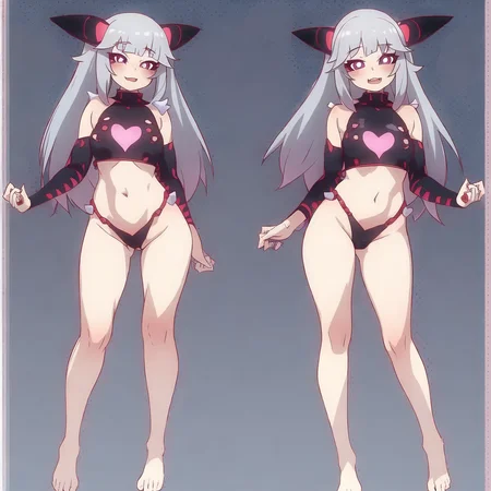 manyakis art style, a masterpiece cartoon of a girl posing, masterpiece, best quality, studio quality, full body, silver hair, heart pupils,