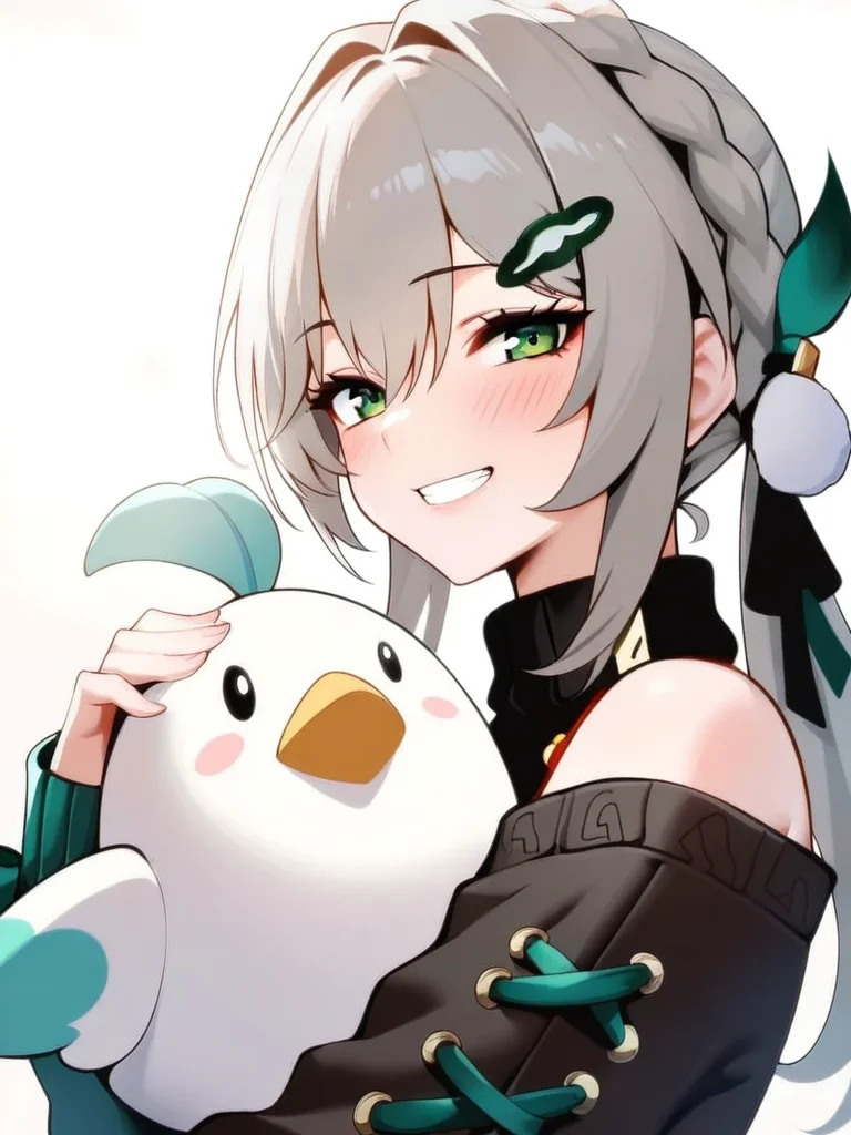 masterpiece, best quality, very aesthetic, highres, absurdres,(miurahha, bacius, ririko \(fhnngririko\):0.4),<lora:star_rail_all-000014:1>ï¼1girl, black sweater, blush, braid, from side, green eyes, grey hair, grin, hair between eyes, hair tie, hairclip, holding stuffed toy, lens flare, long bangs, long hair, long sleeves, looking at viewer, off-shoulder sweater, open mouth, qingque (honkai: star rail), sidelocks, simple background, sleeve cuffs, solo, stuffed animal, stuffed bird, teeth, upper body, watermark, white background