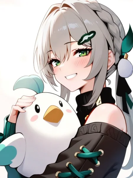 masterpiece, best quality, very aesthetic, highres, absurdres,(miurahha, bacius, ririko \(fhnngririko\):0.4),<lora:star_rail_all-000014:1>ï¼1girl, black sweater, blush, braid, from side, green eyes, grey hair, grin, hair between eyes, hair tie, hairclip, holding stuffed toy, lens flare, long bangs, long hair, long sleeves, looking at viewer, off-shoulder sweater, open mouth, qingque (honkai: star rail), sidelocks, simple background, sleeve cuffs, solo, stuffed animal, stuffed bird, teeth, upper body, watermark, white background