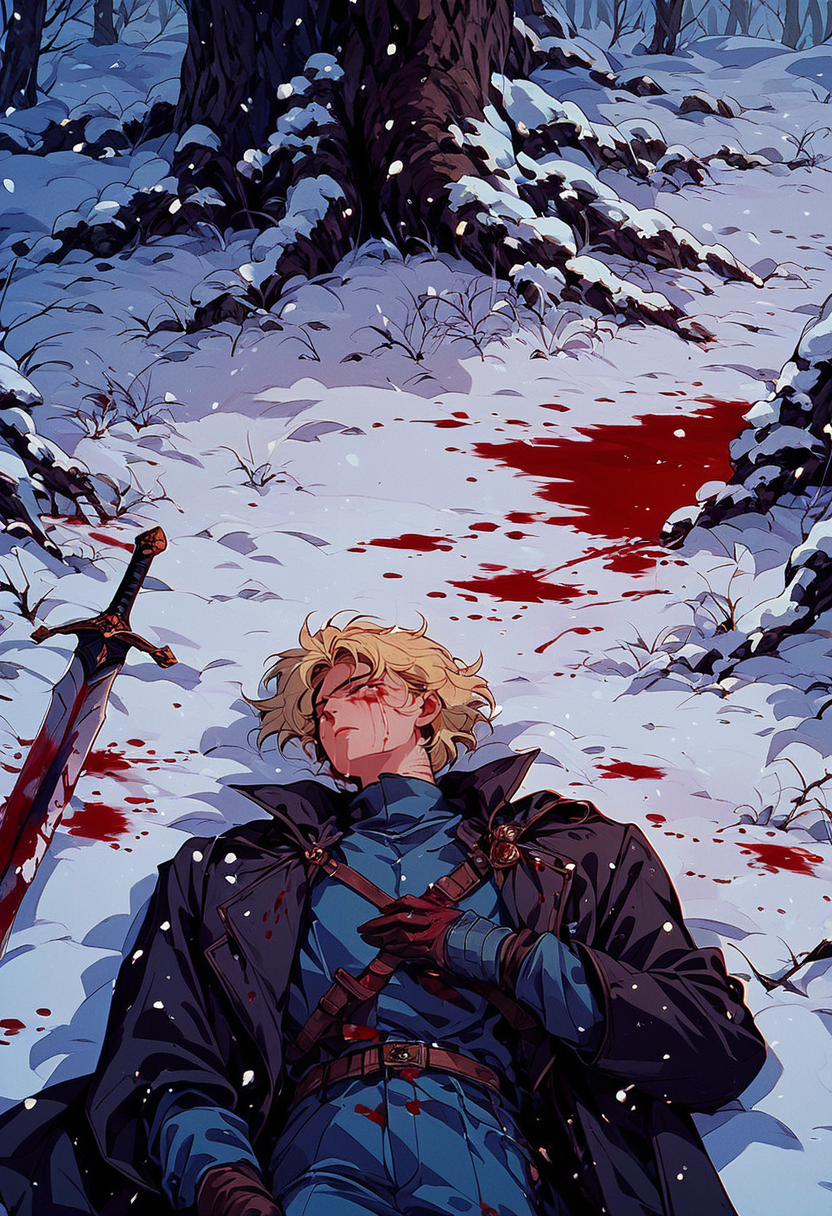 (score_9, score_8_up), score_7_up, short hair, blonde hair, gloves, 1boy, weapon, male focus, outdoors, lying, sword, on back, tree, coat, blood, night, cloak, snow, snowing, blood on clothes, black coat, closed eyes, crying, dated, vintage, arm out, retro
<lora:nostalgia-000011:0.9>