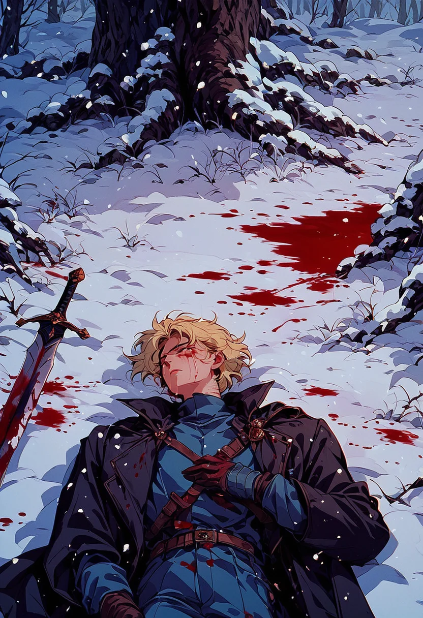 (score_9, score_8_up), score_7_up, short hair, blonde hair, gloves, 1boy, weapon, male focus, outdoors, lying, sword, on back, tree, coat, blood, night, cloak, snow, snowing, blood on clothes, black coat, closed eyes, crying, dated, vintage, arm out, retro
<lora:nostalgia-000011:0.9>