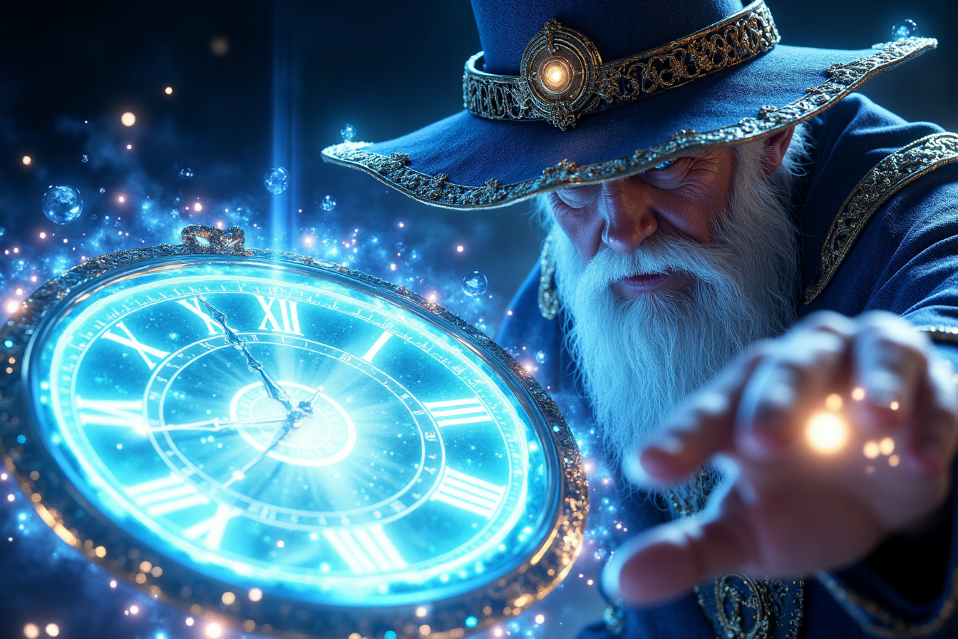 Chrono Divinities â Timeless Wizard who control history through quantum tech. The wizard in the images is casting magical time spell that resembles an anicet magical floating clock. He has a detailed witch hat and robe,  hkchrono <lora:ChronoDivinitiesFlux_r1:0.85> <lora:FluxMythP0rtr4itStyle:1>