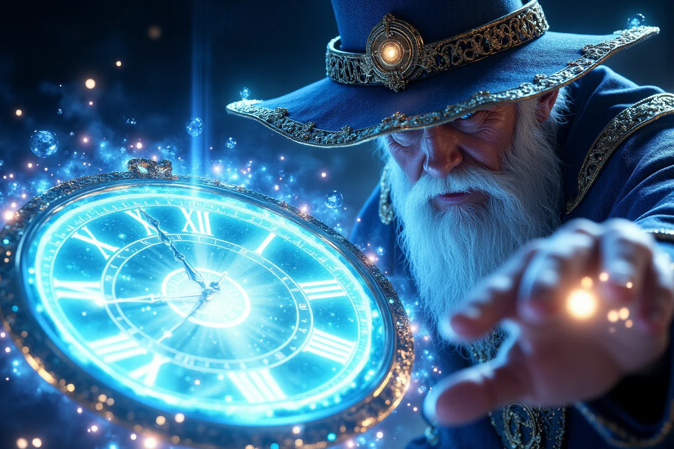 Chrono Divinities â Timeless Wizard who control history through quantum tech. The wizard in the images is casting magical time spell that resembles an anicet magical floating clock. He has a detailed witch hat and robe, hkchrono <lora:ChronoDivinitiesFlux_r1:0.85> <lora:FluxMythP0rtr4itStyle:1>