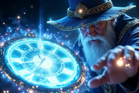 Chrono Divinities â Timeless Wizard who control history through quantum tech. The wizard in the images is casting magical time spell that resembles an anicet magical floating clock. He has a detailed witch hat and robe, hkchrono <lora:ChronoDivinitiesFlux_r1:0.85> <lora:FluxMythP0rtr4itStyle:1>