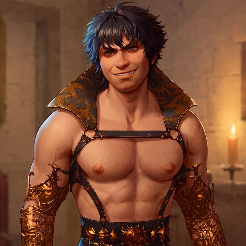 score_9, score_8_up, score_7_up, solo, black hair, 1boy, upper body, male focus, manly elegant, D&D, fantasy, intricate, elegant, stubble, messy hair, hairy chest, shirtless, harness, garter, straps, anime, nipples, cupless bra, smirking