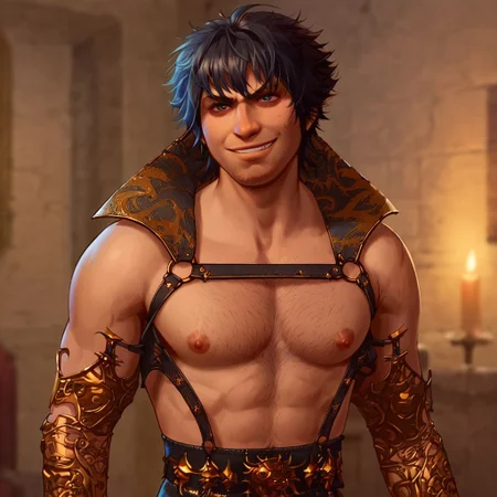 score_9, score_8_up, score_7_up, solo, black hair, 1boy, upper body, male focus, manly elegant, D&D, fantasy, intricate, elegant, stubble, messy hair, hairy chest, shirtless, harness, garter, straps, anime, nipples, cupless bra, smirking
