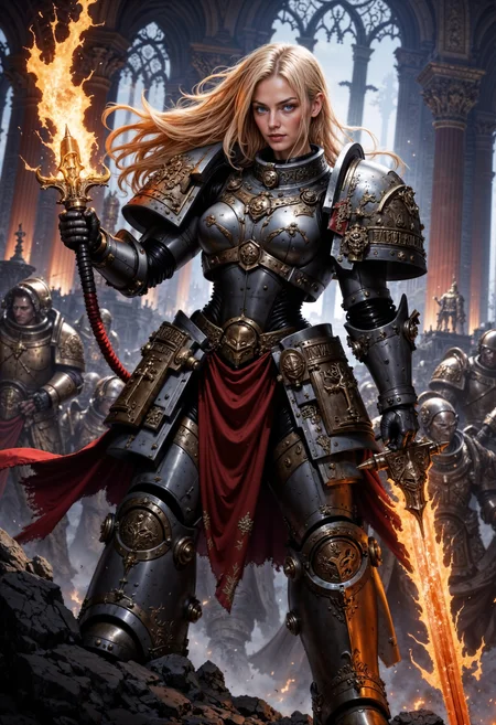 blonde female knight, wearing GreyK40k power armor, and holding a flaming sword <lora:FluxGreyK40k:0.8> <lora:FluxMythP0rtr4itStyle:0.7>