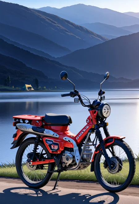 score_9,score_8_up,score_7_up,score_6_up,source_anime,masterpiece,best quality,
bike is parked,campsite,lake,simple background,windy,off-road,lake,tent,<lora:CT125:1>,CT125,no human,focus on bike,