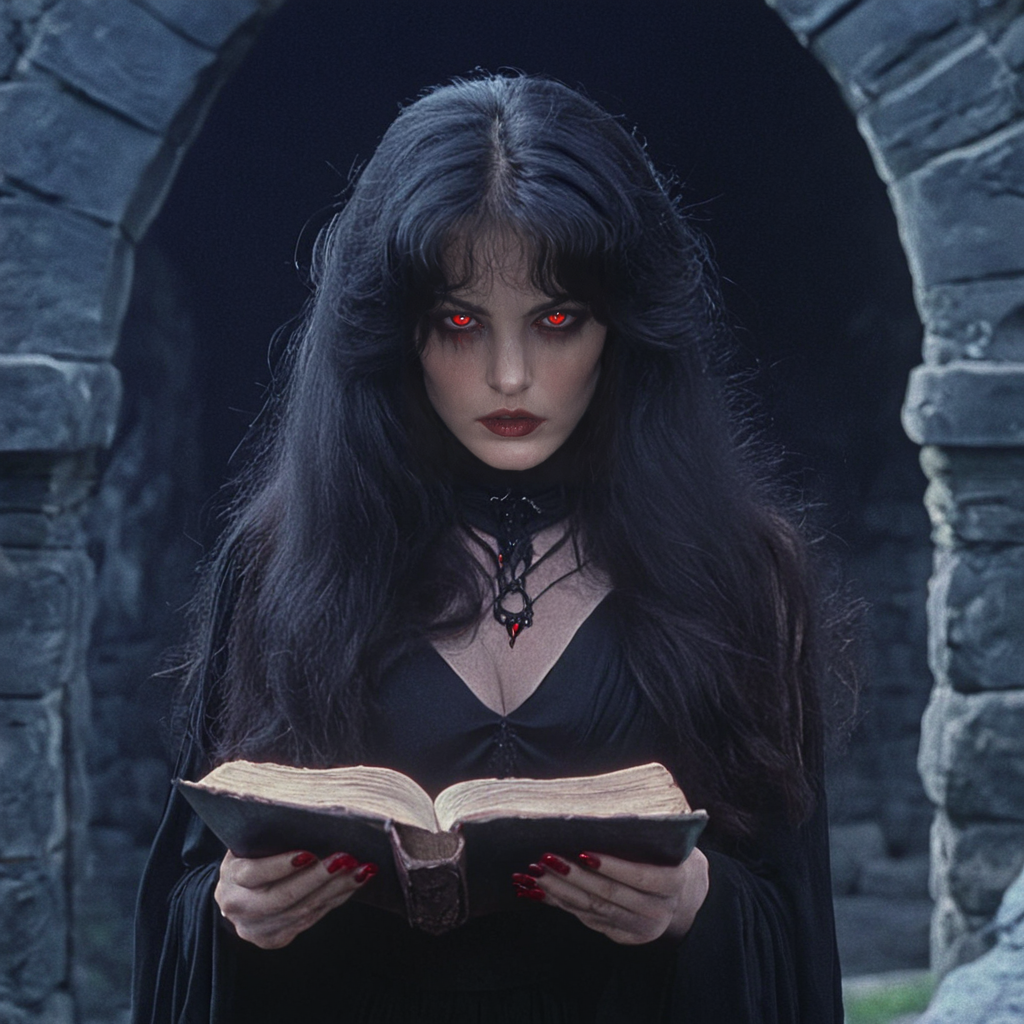 <lora:80sFantasyMovieSDXL2:1> ArsMovieStill, 80s Fantasy Movie Still, The image is a portrait of a woman with long dark hair and red eyes. She is wearing a black dress with a high neckline and long sleeves. The woman is holding an open book in her hands and appears to be engrossed in it. The background is dark and cloudy with a stone archway visible in the distance. The overall mood of the image is mysterious and eerie., 1girl, black hair, red eyes, solo, long hair, book, black nails, looking at viewer, open book, nail polish