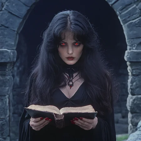 <lora:80sFantasyMovieSDXL2:1> ArsMovieStill, 80s Fantasy Movie Still, The image is a portrait of a woman with long dark hair and red eyes. She is wearing a black dress with a high neckline and long sleeves. The woman is holding an open book in her hands and appears to be engrossed in it. The background is dark and cloudy with a stone archway visible in the distance. The overall mood of the image is mysterious and eerie., 1girl, black hair, red eyes, solo, long hair, book, black nails, looking at viewer, open book, nail polish