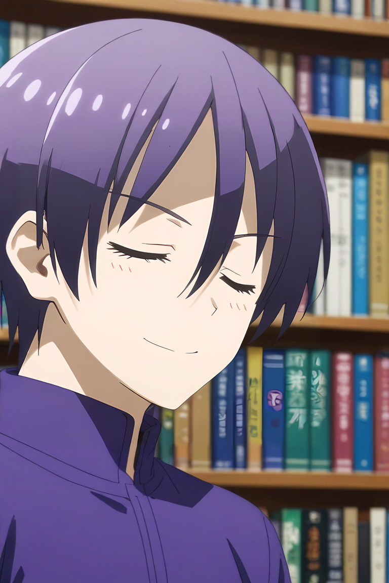 score_9, score_8_up, score_7_up, source_anime, rating_safe, intricate details, anime screencap, , official style, , depth of field, 1boy, solo, male focus, <lora:nasa_yuzaki_pony:0.76>, nasa_yuzaki, purple hair, green eyes, short hair, hair between eyes, symmetry, library, books, day, clouds, slouching, (closed eyes:1.2), smile, , <lora:sdxl_lightning_8step_lora:1>
