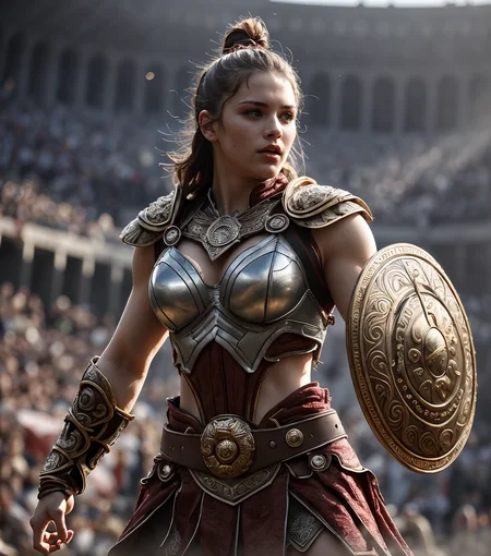 RAW photo, (masterpiece:1.3), subsurface scattering, heavy shadow, (high quality:1.4), (intricate, high detail:1.2), professional photography, HDR, High Dynamic Range, realistic, ultra realistic, photorealistic, high resolution, film photography, ambient lighting, atmospheric effects, <lora:detail_slider_v4:2>, OverallDetail, a muscular female gladiator wearing intricate armor, shoulder armor, belt, cape, breastplate, <lora:Gladiator1:0.6>, upper body shot, in a fantasy arena, holding a shield, dynamic fighting pose, spectator crowd, (perfect hands), <lora:Arena:0.56>,  <lora:zoom_slider_v1:1>, epiCPhoto