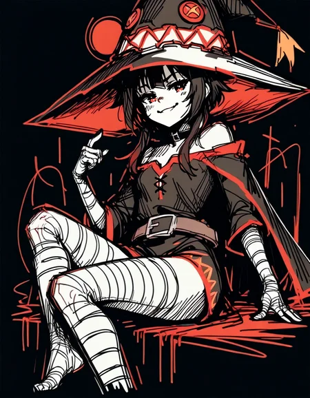 score_9, score_8_up, score_7_up, <lora:Navi_WrathStrokes_PonyXL_S1:1.1> , red sketch, black background, black theme, monochrome,
solo, smug smile, red_eyes, megumin, small_breasts, half-closed_eyes,witch_hat,bandaged_leg,night_sky, moonlight, leaning on the balcon,