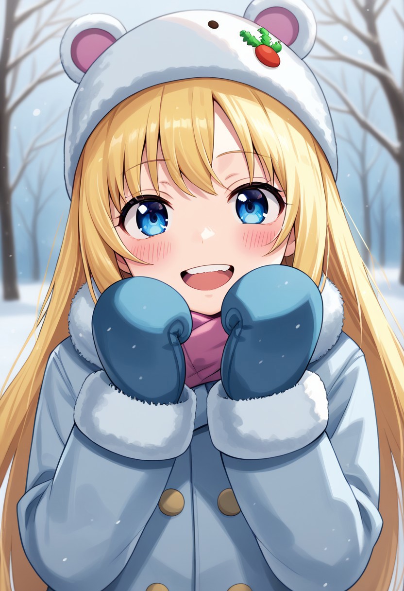 sakurai energy, digital illustration, charact portrait, depth of field, pastel coloring/(medium/), blonde hair, very long hair, blushing, face focus, buck teeth, looking at viewer, ushanka, mittens, winter coat
