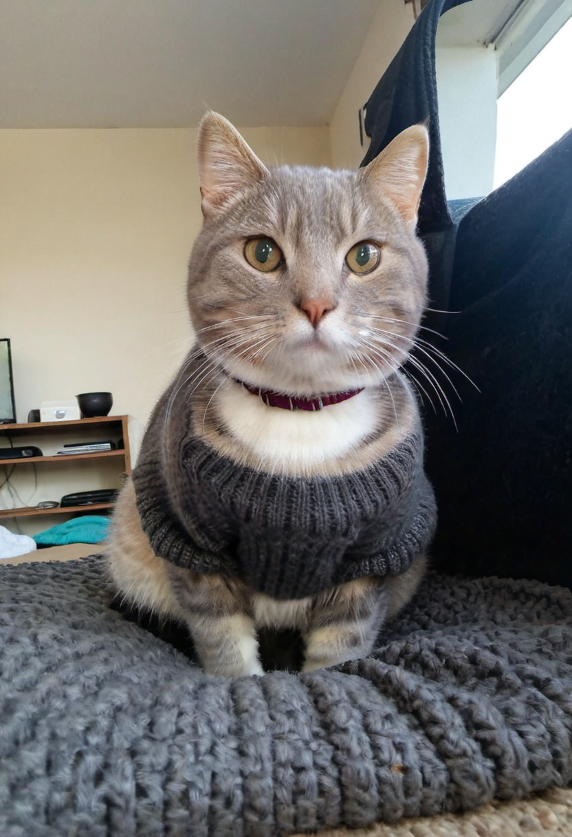 realistic photo, (sharp focus, highly detailed, 4k, 8k, best quality, masterpiece, ultra highres:1)m <lora:fpz:0.88>, fpz, 1cat, cat, wearing a turtleneck sweater, wearing yoga pants