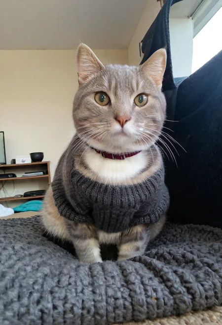 realistic photo, (sharp focus, highly detailed, 4k, 8k, best quality, masterpiece, ultra highres:1)m <lora:fpz:0.88>, fpz, 1cat, cat, wearing a turtleneck sweater, wearing yoga pants