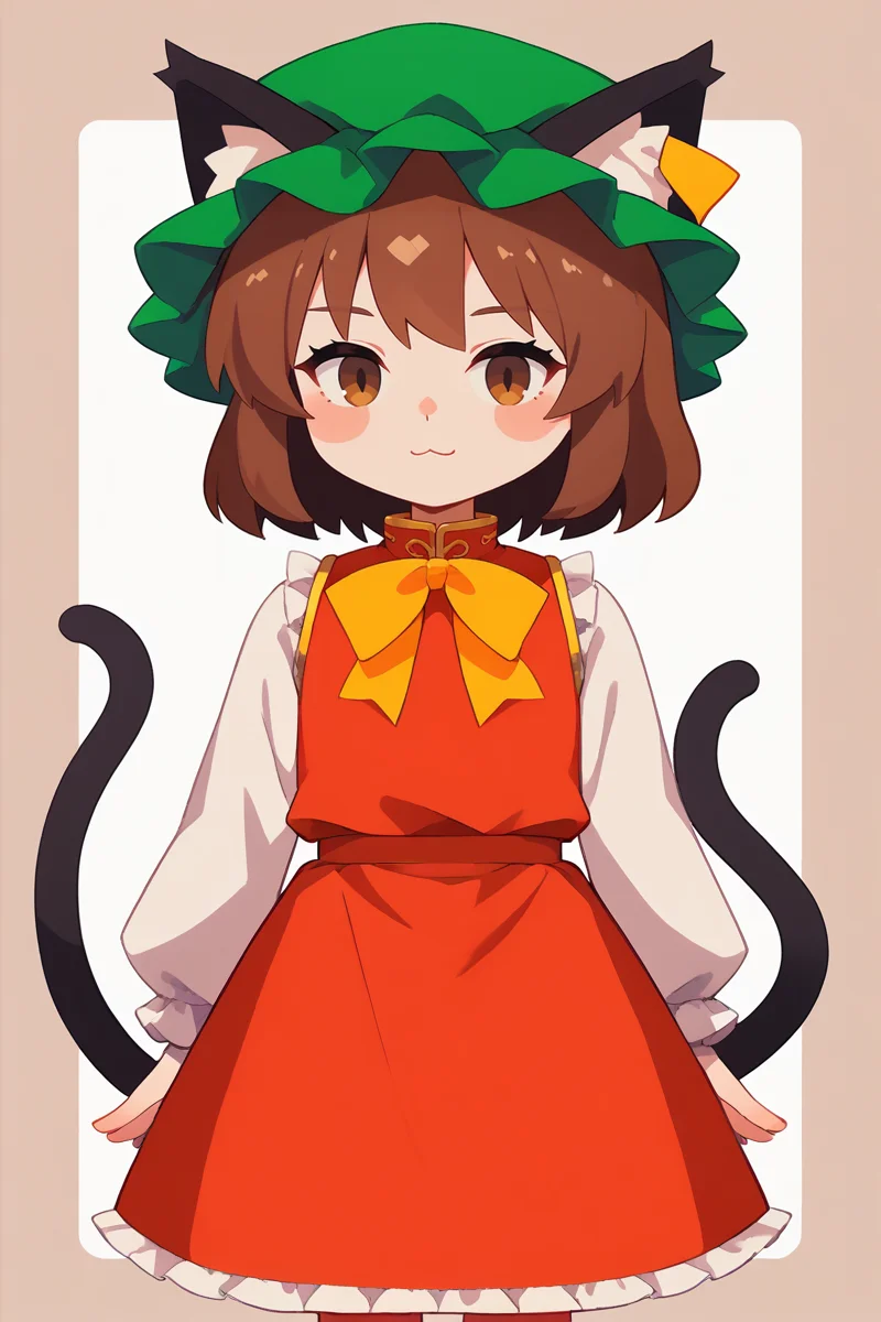 score_9, score_8_up, score_8, score_9, 1 girl, source_anime, <lora:chen_pony-10:1>, chen, brown hair, brown eyes, cat ears, red dress, long sleeves, green hat, mob cap, two tails, flat chest, white_sleeves, yellow ribbon, frills, <lora:Flat_style-000002:0.8>