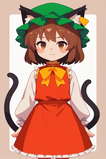 score_9, score_8_up, score_8, score_9, 1 girl,  source_anime, <lora:chen_pony-10:1>, chen, brown hair, brown eyes, cat ears, red dress, long sleeves,  green hat, mob cap, two tails, flat chest, white_sleeves, yellow ribbon, frills,  <lora:Flat_style-000002:0.8>