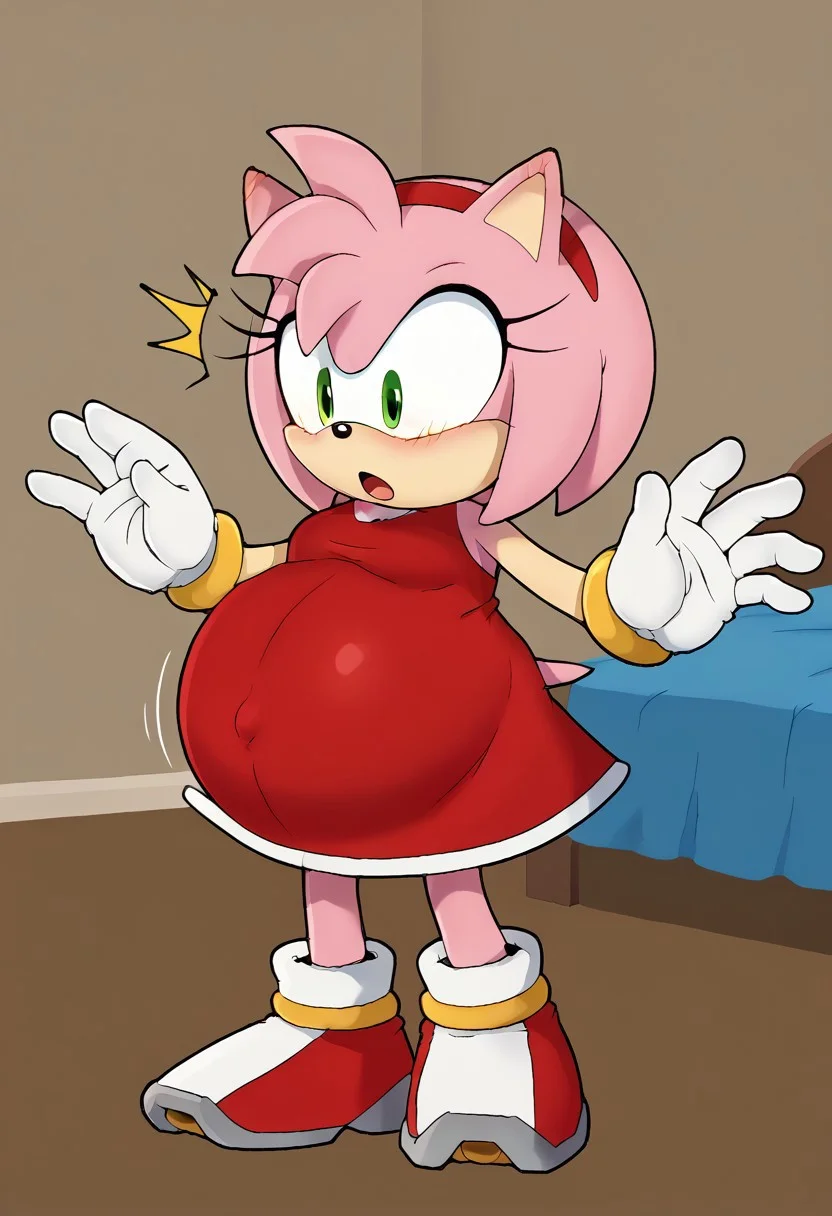<lora:Expressive_H:0.7>, Expressiveh, <lora:blobmodel2-12:0.9>, onmodelblobian, furry female, sonic (series), solo, 1girl, amy rose, pink fur, red headband, full body, red dress, gold bracelet, short hair, white gloves, green eyes, hyper_preg, pregnant. belly inflating, shocked, arms spread out, blush, living room, looking down,