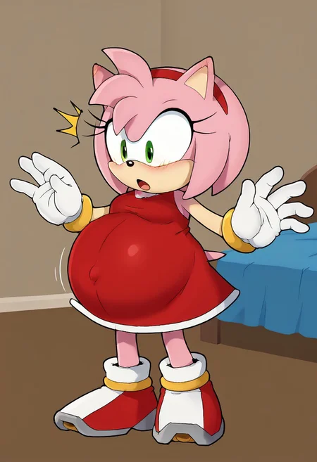 <lora:Expressive_H:0.7>, Expressiveh, <lora:blobmodel2-12:0.9>, onmodelblobian, furry female, sonic (series), solo, 1girl, amy rose, pink fur, red headband, full body, red dress, gold bracelet, short hair, white gloves, green eyes, hyper_preg, pregnant. belly inflating, shocked, arms spread out, blush, living room, looking down,