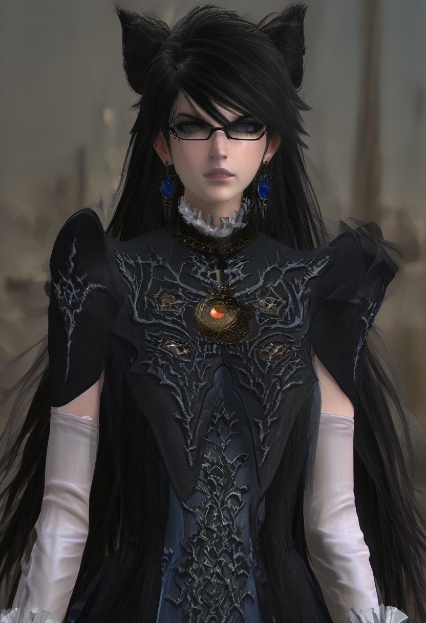 ,score_9, score_8_up, score_7_up,<lora:brawl_style_1_2_R:0.8>, 1girl, brawl, bayonetta 2, Black Hair, Very Long Hair, Epic Hair, Big Hair, Wavy Hair, Ponytail, Dual Bun, Brawl Stars Style, Blue Triangle Earrings, Gray Eyes, White Long Gloves, Long Sleeves, Black Skirt, Eyeglasses, Half Body, {{Sakimichan Style}}, Blue Lipstick,  source_anime