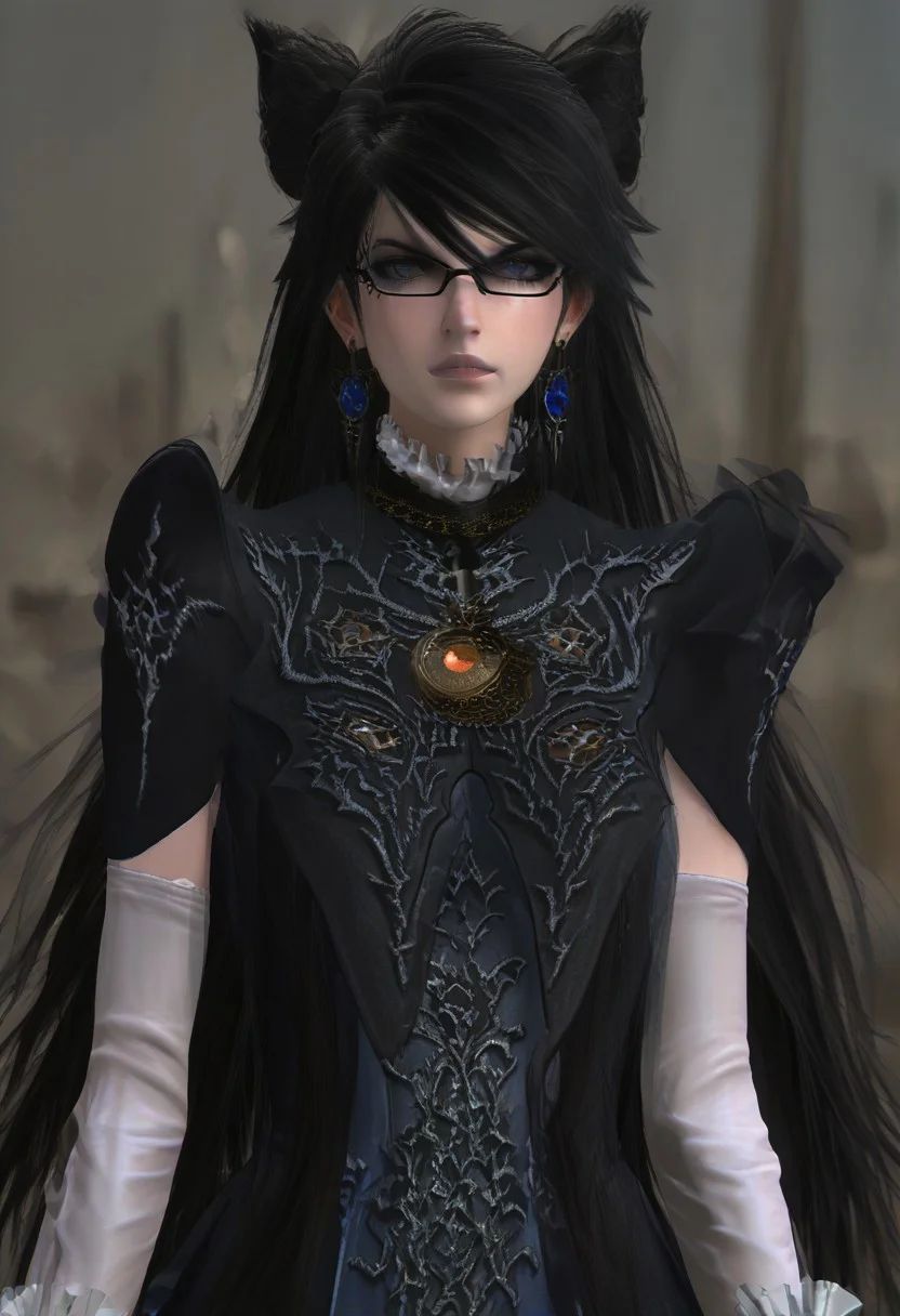 ,score_9, score_8_up, score_7_up,<lora:brawl_style_1_2_R:0.8>, 1girl, brawl, bayonetta 2, Black Hair, Very Long Hair, Epic Hair, Big Hair, Wavy Hair, Ponytail, Dual Bun, Brawl Stars Style, Blue Triangle Earrings, Gray Eyes, White Long Gloves, Long Sleeves, Black Skirt, Eyeglasses, Half Body, {{Sakimichan Style}}, Blue Lipstick, source_anime