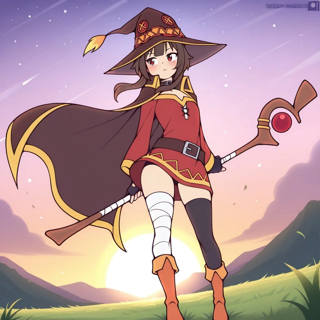 masterpiece, best quality, amazing quality,(detailed background:1),bymarikstyle,1girl,solo,megumin,cape,hat, mismatched legwear,holding staff,wind lift cape