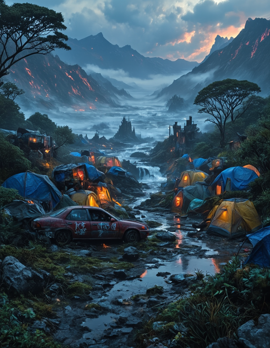 <lora:CW02_Lost_Officev2fluxc:1> homeless tents, tents, no car lights, car wreck, wet, wet spots, dirty, very dark foreground, moss, pink light on the background, kanji, vegetation, car pileup, T10, landscape, mountains, waves, rocks, tree, vegetation, moss, rough sea, waterfall, ruins, sunset, blue, orange, yellow, brown, SE14, fire, crumbled ground, fire veins, bokeh, green, T8, forest, trees, mist, SE12, rich detailed sky, clouds, fantasy, rocks, blue, orange, yellow, bokeh, T4, brown, fantasy, blue, white, gold, T7, marble,