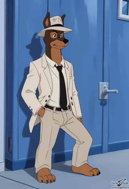 score_9, score_8_up, score_7_up, score_6_up, score_5_up, score_4_up, photorealistic, realistic, masterpiece), furry male, detailed face, detailed eyes, detailed hair, detailed fur, solo, WB_SketchV1
BREAK
Martin_Torque, Doberman, Anthro Dog, Brown Fur, Tan Markings, black eyes, black nose, white suit, white shirt, black tie, hat, fedora, white fedora, white pants, footpaws
<lora:DetailedEyes_V3:1>