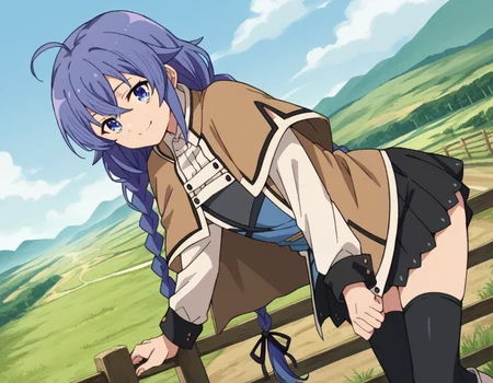 score_9, score_8_up, score_7_up, source_anime,
roxymigurdia, <lora:roxy-migurdia-s1-ponyxl-lora-nochekaiser:1>,
roxy migurdia, ahoge, black ribbon, blue eyes, blue hair, braid, hair between eyes, hair ribbon, long hair, twin braids, very long hair,
black legwear, black skirt, capelet, jacket, brown jacket, long sleeves, miniskirt, open clothes, open jacket, pleated skirt, skirt, white capelet, white footwear, white jacket,
outdoors, landscape, farm, bent over, smile,
looking at viewer, dutch angle, cowboy shot,
